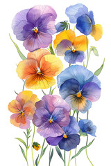 Watercolor Painting of Vibrant Pansies in Shades of Purple, Blue, and Orange