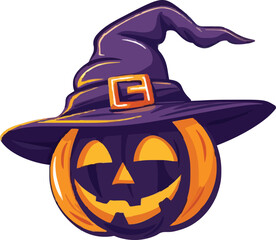Halloween scary pumpkin in purple witches hat in cartoon style.