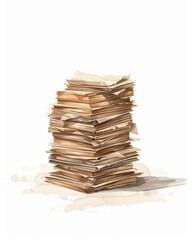 A tall stack of old books and papers, some torn and stained, watercolor, 180 characters