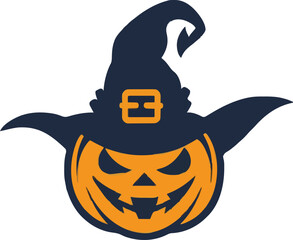 Halloween scary pumpkin in purple witches hat in cartoon style.