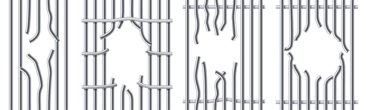 Break prison metal bars. Hole in jail lattice, broken iron cage and jailbreak vector illustration set