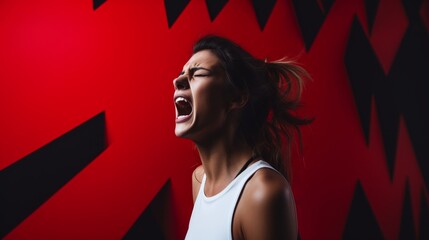 Naklejka premium Profile of a woman with blurred face on red backdrop - Side profile of a woman in a sleeveless top against a red backdrop with geometric patterns