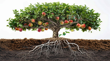 Illustration of a tree with visible roots and branches. The tree is laden with apples, showing both its fruit and its root system underground, highlighting nature and growth.