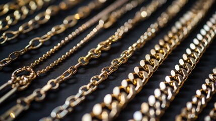 Close-up of various gold chains displayed on black velvet in a jewelry store.