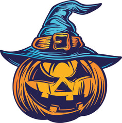 Halloween scary pumpkin in purple witches hat in cartoon style.