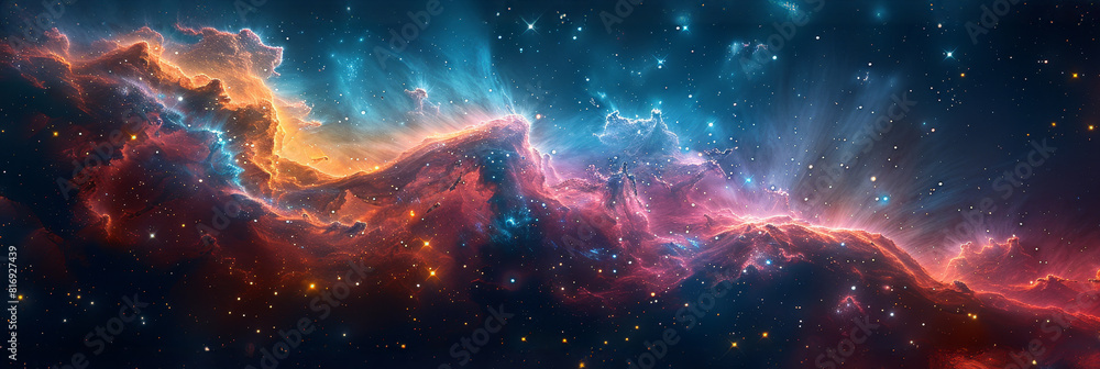 Poster panoramic cosmic clouds and star formation - sweeping view of a colorful nebula with dynamic star fo