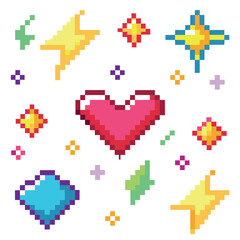 Obraz premium A collection of pixelated images of hearts, stars, and lightning bolts. The images are arranged in a grid, with each image separated by a white space