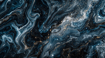 Smooth black marble with intricate patterns resembling galaxies in space.