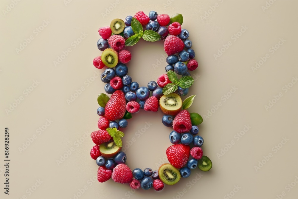 Poster Fresh mixed berries and kiwi slices arranged in numeral '8' on a beige background. Flat lay composition with copy space. Nutritious food and health concept.