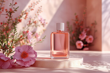 Mock up of minimal elegant perfume bottle. Stylish parfumerie banner with pink and beige colors, 3D render