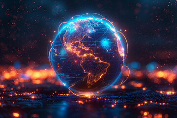 Obraz premium Abstract world map, concept of global network and connectivity, international data transfer and cyber technology, worldwide business, information exchange and telecommunication, 3D render 