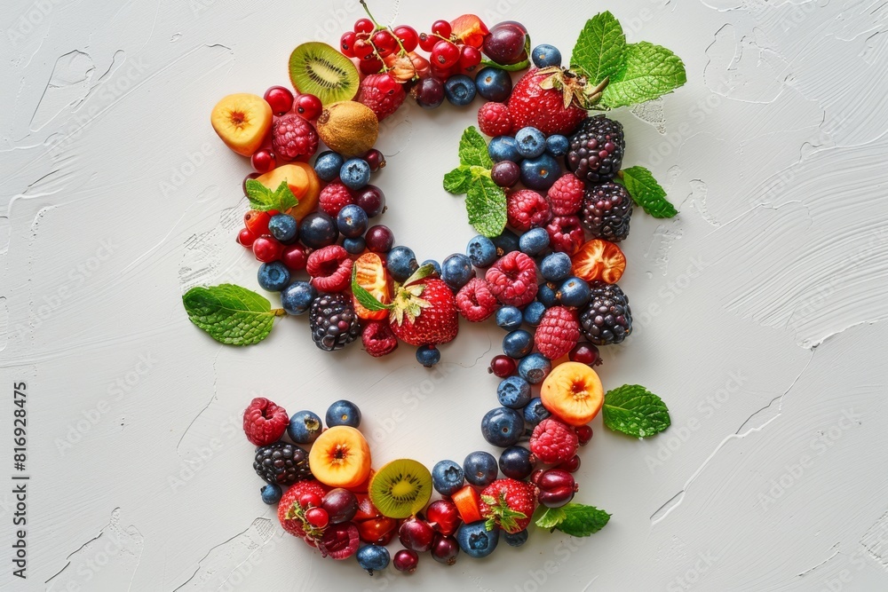 Poster assorted fresh fruits and berries arranged in numeral '9' on a textured white background. flat lay c
