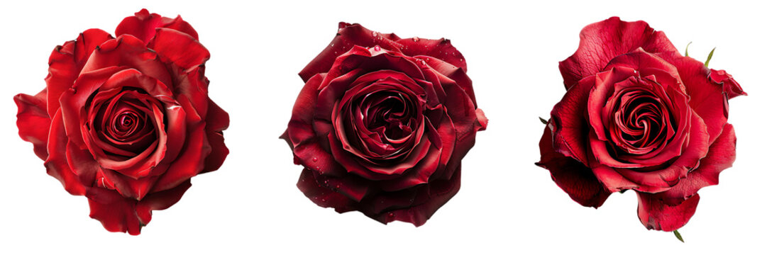 Set of top view of a red rose isolated on a transparent or white background