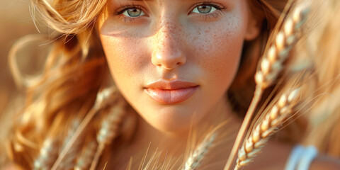 Close-Up Portrait of a Woman with Golden Hair. Portrait of a young woman highlighted by the golden sunlight, showcasing her striking features and beautiful blonde hair amidst a backdrop of wheat.