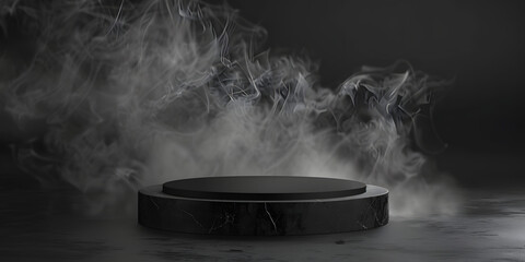Circular black podium with a dynamic swirling smoke backdrop in monochrome, perfect for high-end gadgets or luxury watches 