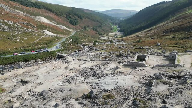 Drone shot above the abandoned 150 year old miners' village at the top of the Wicklow Gap, Ireland.