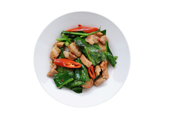 Thai food Stir-fried kale with shredded pork white background