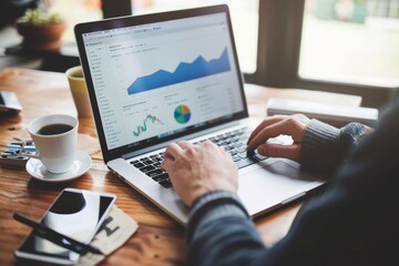 Businessman examining statistical data on laptop in contemporary office environment
