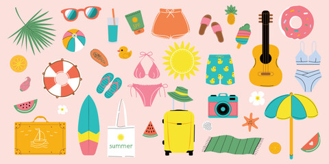 Summer vector set for stickers, scrapbooking. Icons, signs, banners. Bright summer poster. Elements of the collection for summer holidays.