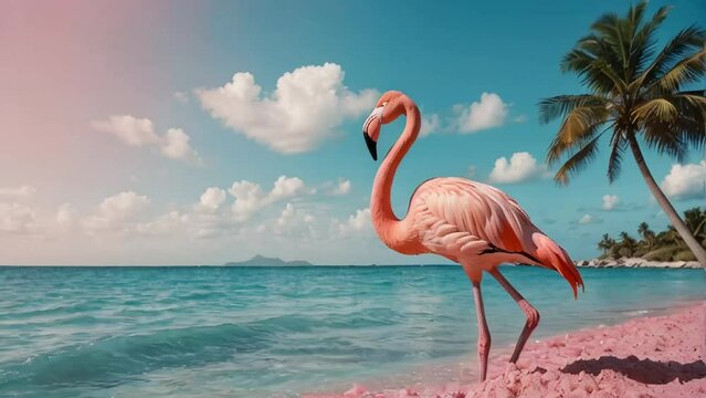 Gorgeous pink flamingo in summer