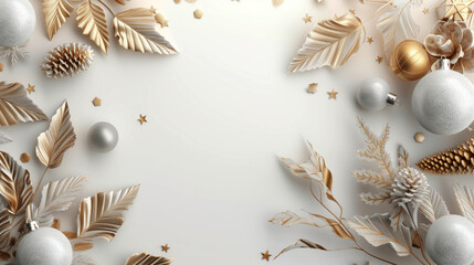 Festive Christmas background with white and gold decorations, including baubles, pine cones, and leaves. Arranged with space in the center for text.
