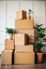 Stack of cardboard boxes with household belongings and potted home plants 