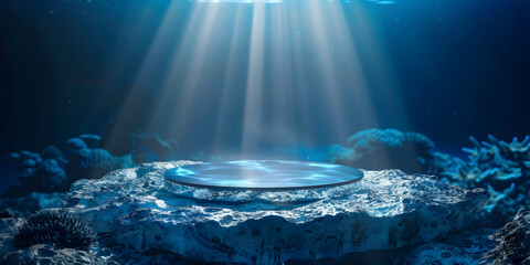 Illuminated crystal-clear podium with a deep underwater scene in the background, suitable for spa products or high-end aquatic gear