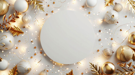 Festive Christmas background featuring white and gold baubles, golden leaves, sparkling lights, and confetti surrounding a central blank circle for text or design.