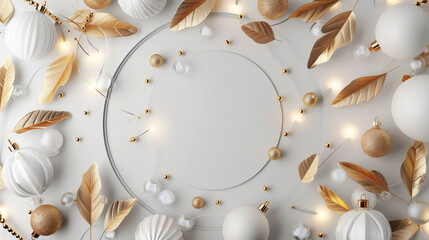 Elegant Christmas-themed frame featuring white and gold ornaments, golden leaves, and festive lights arranged around a blank central space.