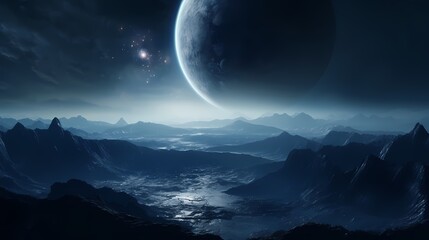 Digital technology blue silver mountains and planet landscape poster background