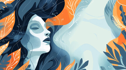 Female Silhouette with Abstract Leaves and Orange Highlights, Representing Excoriation Disorder for Website Background