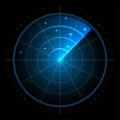 Digital radar screen. Futuristic sonar interface, navigation control monitor high-tech military target tracker or air traffic radar scanner display vector illustration