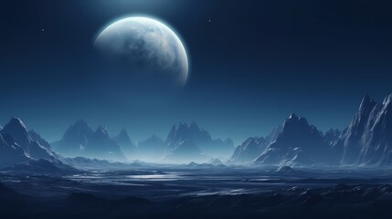 Obraz premium Digital technology blue silver mountains and planet landscape poster background