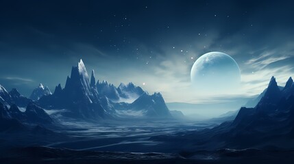 Digital technology blue silver mountains and planet landscape poster background