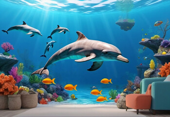 3d Dolphin Coral Colorful Fish Under the Sea
