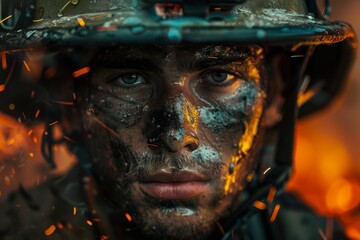 Soldier in combat gear amidst sparks and fire. Military and courage concept for design and poster.