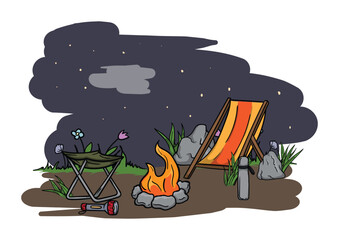 Hiking and camping. Editable vector illustration of a night landscape with a bonfire and folding chairs