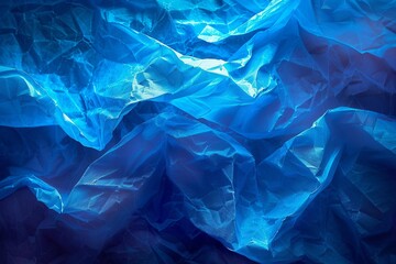 Generate a high-resolution image of a blue crumpled plastic bag. The image should be well-lit and have a high degree of detail.