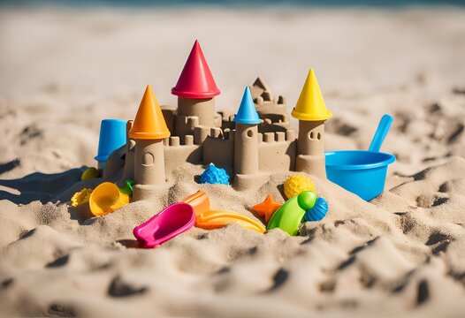 castillo de arena rodeado de juguetes de playa