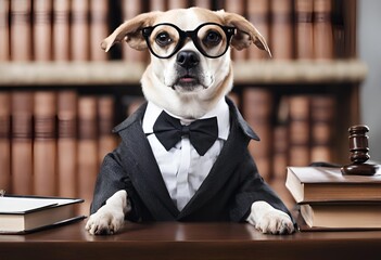 Perro con lentes y vestido de traje con biblioteca de fondo