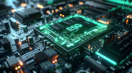 Fototapeta premium A closeup of an AI chip glowing with Green lights on top, surrounded by other chips and circuitry in the background. The text 