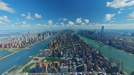 A lifelike simulation of a bustling city skyline, with towering skyscrapers reaching towards the sky