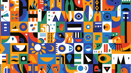 A colorful collage of shapes and patterns. The image is a work of art that is made up of many different shapes and colors. Scene is one of creativity and imagination