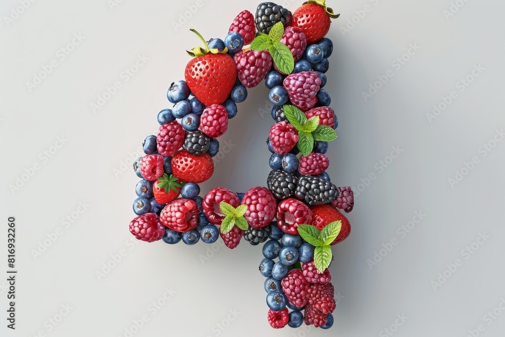 Poster number 4 composed of assorted berries on a light background. flat lay composition with copy space. h