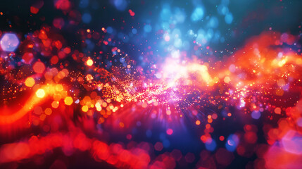 Abstract image featuring a vibrant blend of multicolored bokeh lights and particles against a dark background, creating an energetic and dynamic visual effect.