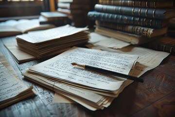 A beautiful sepia toned image of a messy writing desk covered in old books and manuscripts with a feather quill resting on top.