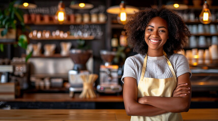 Happy smiling African American woman barista small business owner with arms crossed wearing uniform standing in a cozy coffee shop. Business concept.
