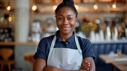 Confident smiling African American woman barista small business owner wearing blue uniform standing in a cozy coffee shop. Business concept.