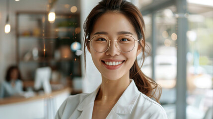 Obraz premium Confident smiling Korean female therapist doctor in lab coat and stethoscope in modern hospital. Medicine, healthcare, profession concept.