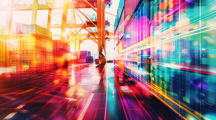 A colorful, abstract representation of a shipping port with cargo containers and large cranes. The image features vibrant light streaks and dynamic visual effects.